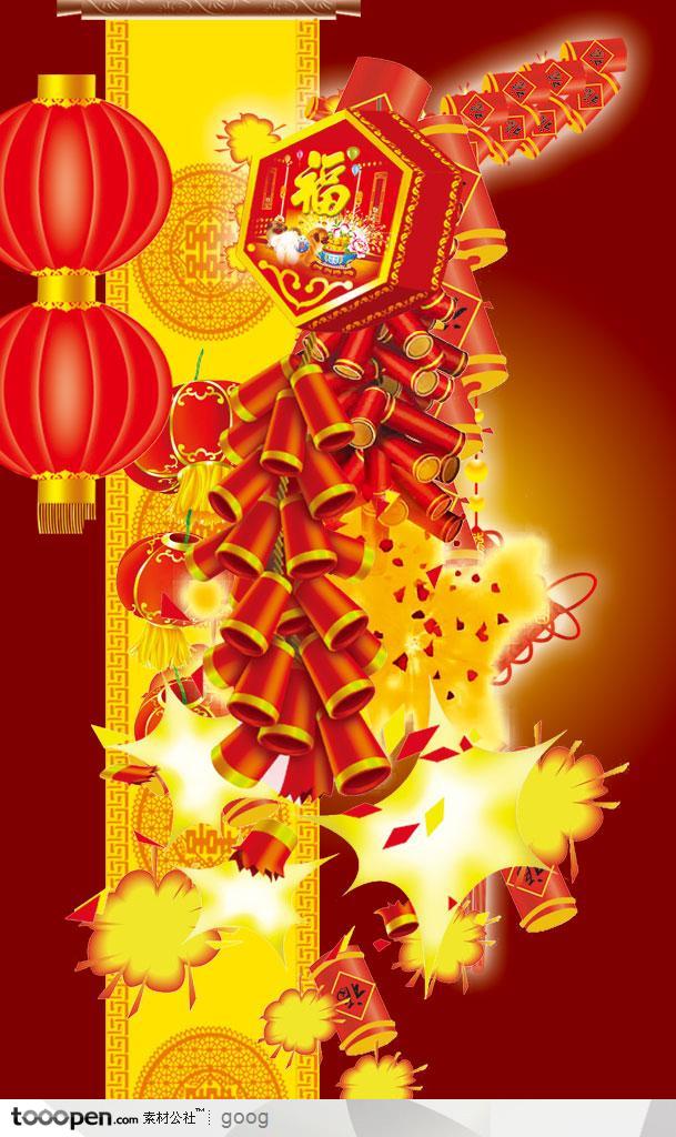 新春春节传统元素-燃放炮竹鞭炮灯笼