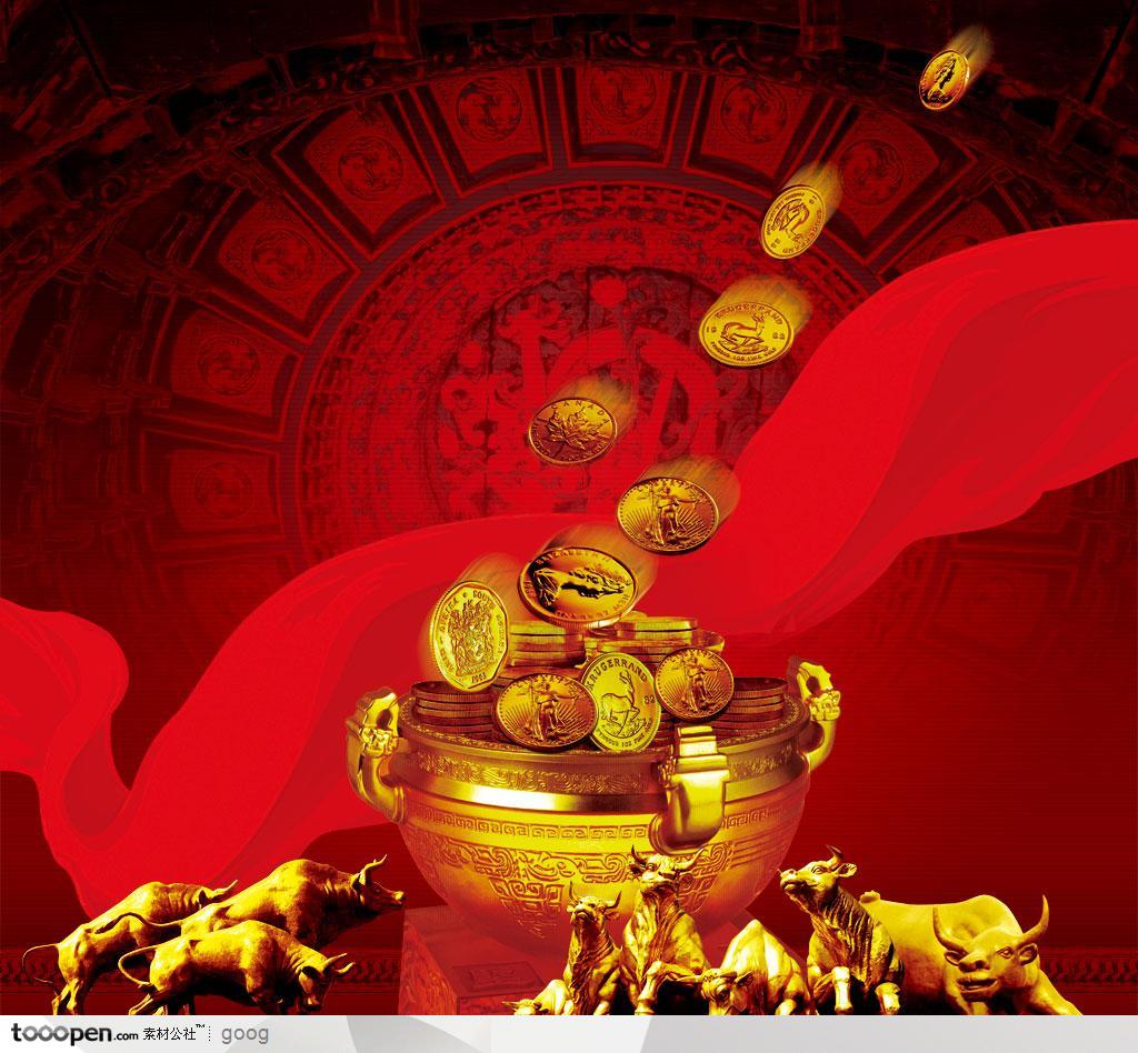中国传统元素-红色丝绸背景底纹盘龙龙纹金牛金币