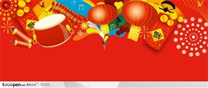 春节热闹宣传素材-花鼓炮竹和红灯笼