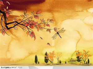 水墨风景画-秋的气息落叶