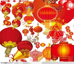 新春春节传统元素多种样式大红灯笼喇叭
