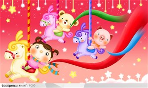 六一儿童节宣传素材-卡通小朋友骑旋转木马