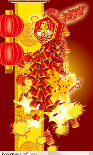 新春春节传统元素-燃放炮竹鞭炮灯笼