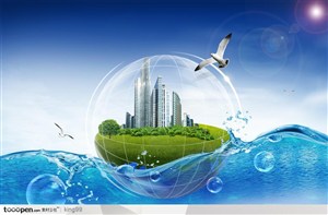 蓝色水波上被透明圆形气体包裹的绿色地球和建筑