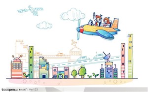 科技联想桌面-城市上空的飞机