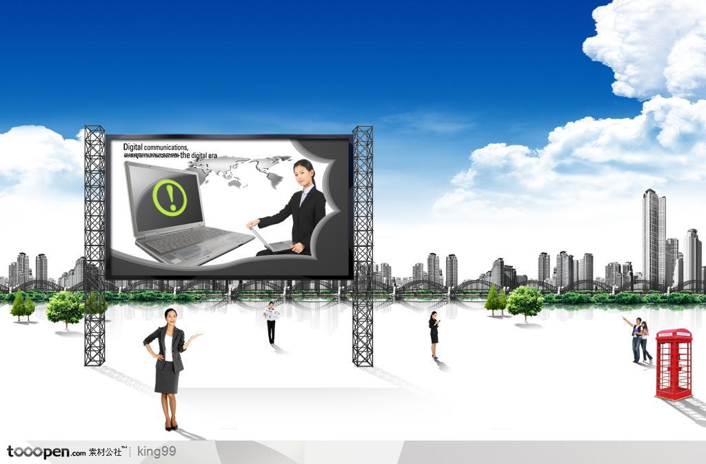 钢铁架上的LED广告显示屏和现代城市建筑背景