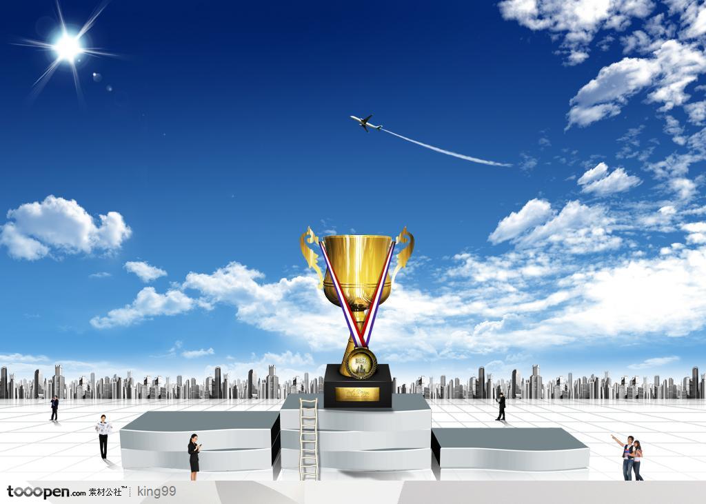 白色领奖台上的金色奖杯和城市建筑背景