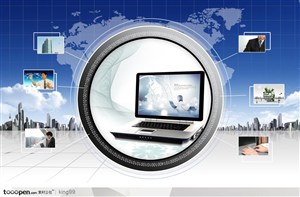 现代科技商务创意展示和圆形图标里的笔记本电脑