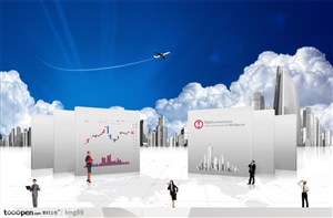 白色云层前的城市建筑背景和各种立体图表