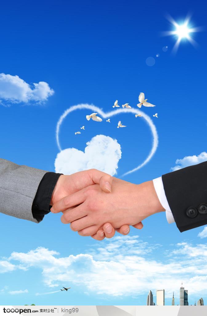 握手的商业男士和蓝色天空白色心形云朵背景底纹