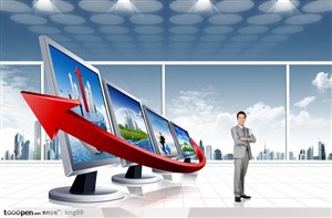 红色箭头环绕的电脑显示屏和双手环抱手臂站着的商业男士