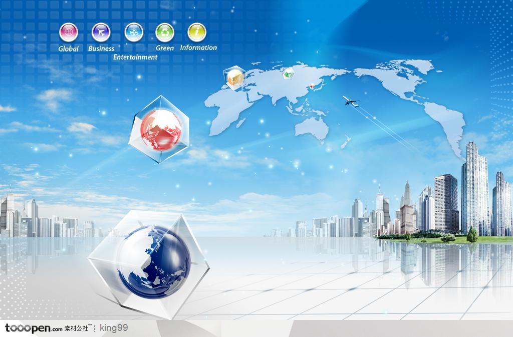 透明立体水晶包裹的地球和世界地图背景现代城市建筑背景