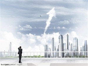 天空中的白色箭头云朵和现代商业大厦建筑背景