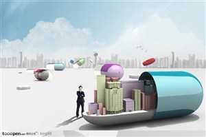 创意胶囊上的建筑模型和城市建筑背景