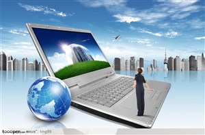 打开的白色笔记本电脑和蓝色地球城市建筑背景