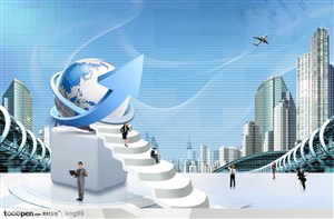 白色阶梯上被蓝色立体箭头缠绕的蓝色星球和现代城市建筑背景