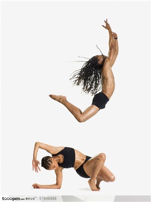 舞蹈肢体动作-外国双人舞组合女子侧身伏地男子跳跃在空中