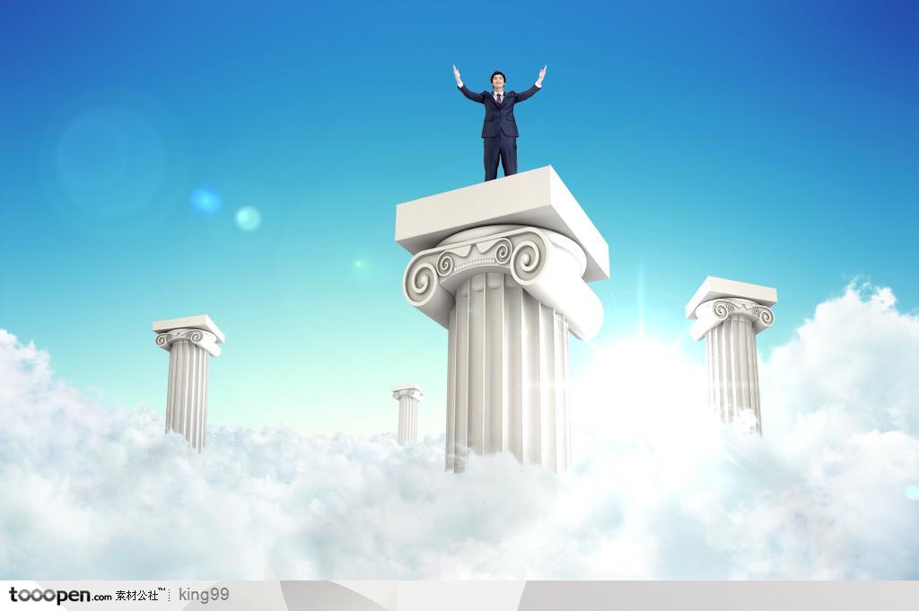 站在白色云海罗马柱上的商业男士和白色云海背景