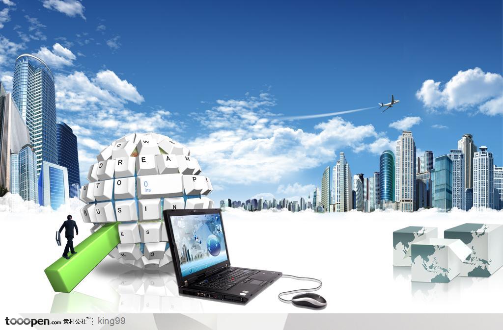 白色立体键盘地球创意和商业城市建筑背景