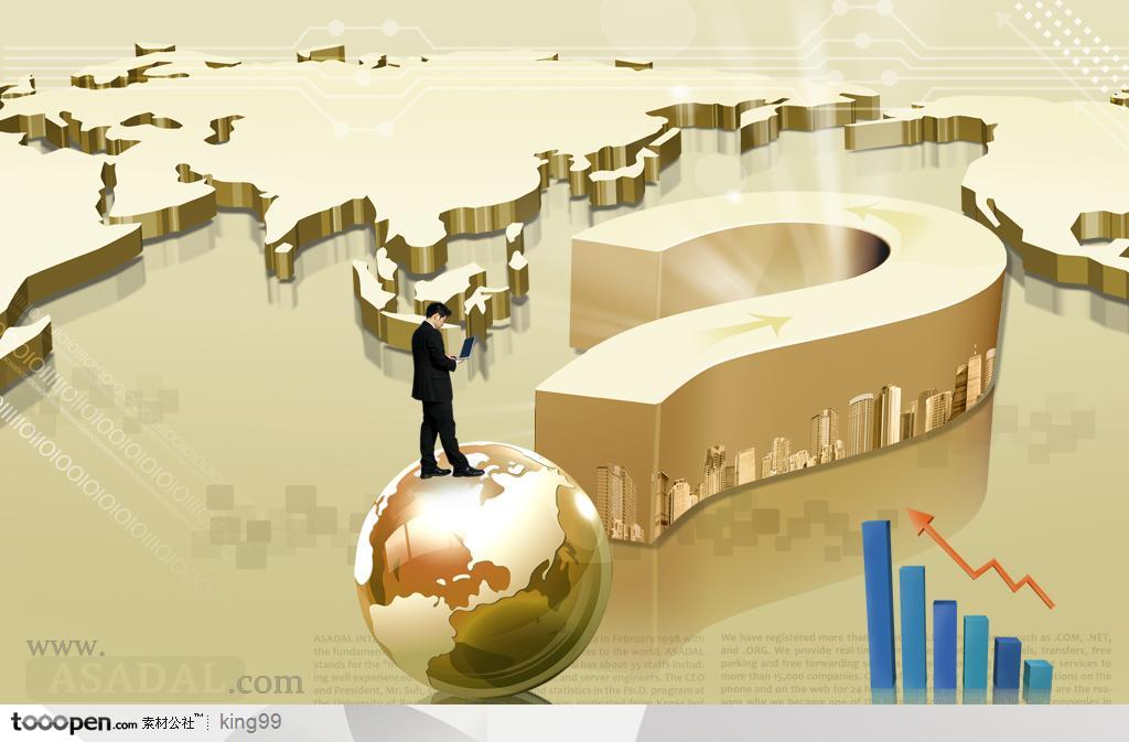 金色立体世界地图背景和站在金色球体上的商业人士