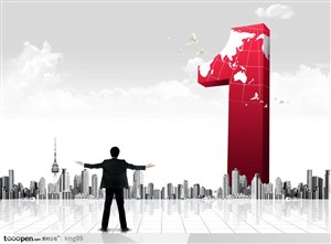 红色立体数字1和现代商业城市建筑背景