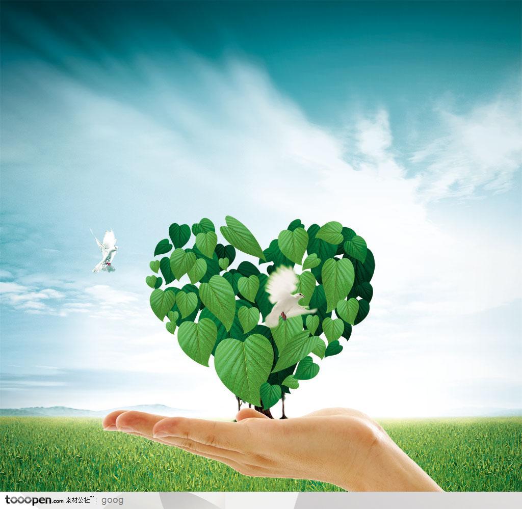 低碳环保手掌托起的绿色心形叶子拼贴飞翔白鸽