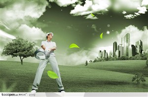 房地产广告元素-高尔夫草地绿地树叶高尔夫球员