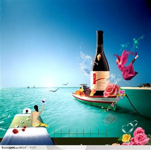 长城干红葡萄酒广告-海景小船上的红酒