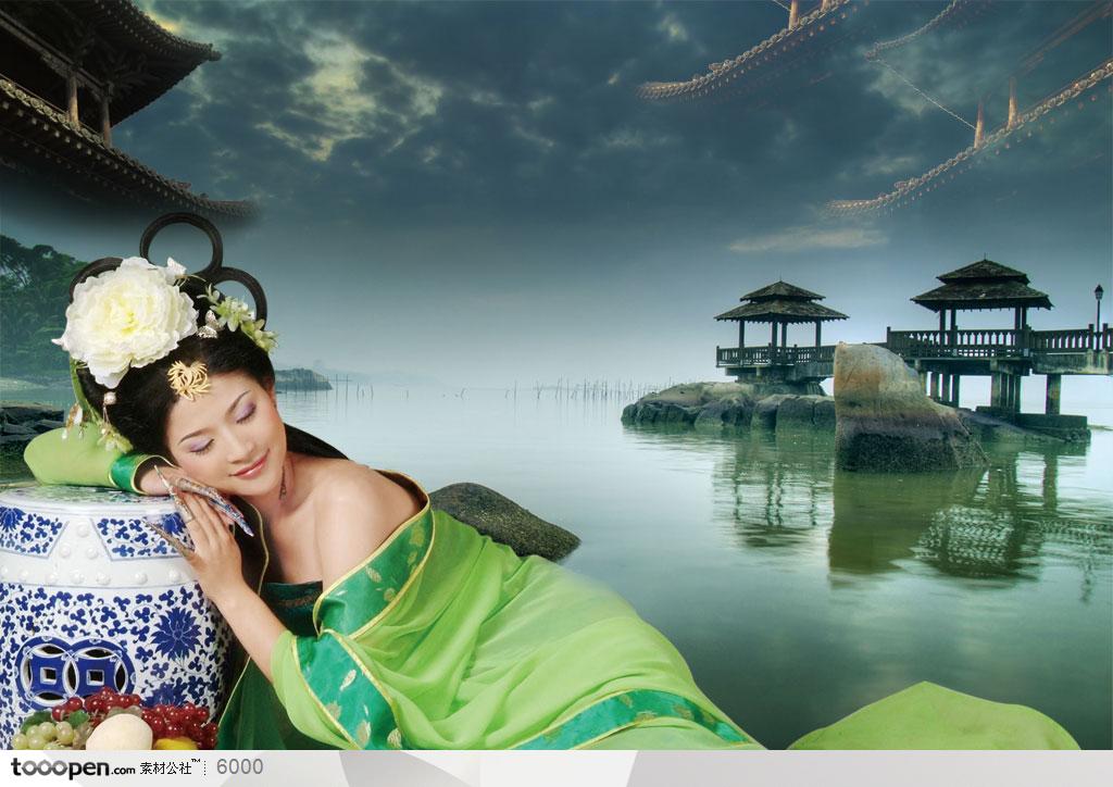 中国风-池塘边的中国古典美女