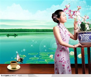 荷塘边的中国传统美女