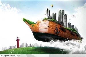 创意商业设计元素-3D立体轮船诺亚方舟城市都市云层