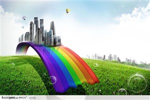 创意商业设计元素-3D立体彩虹上的城市草地