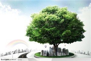 创意商业设计元素-大树树木下的都市城市彩虹