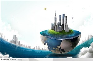 创意商业设计元素-海洋上漂浮的3D立体半个地球城市都市