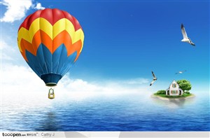 蓝色大海上漂浮的彩色热气球和绿色小岛