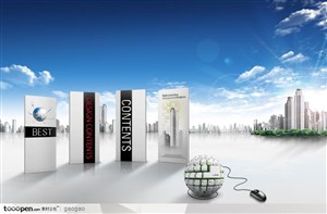 金融商业广告素材-城市风景群和键盘地球