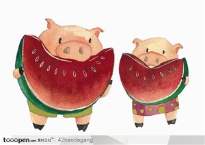 两只小猪同吃西瓜