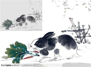 吃青菜的水墨兔子中国写意国画高清透明扣底