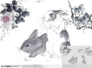 两只水墨兔子中国写意国画高清透明扣底