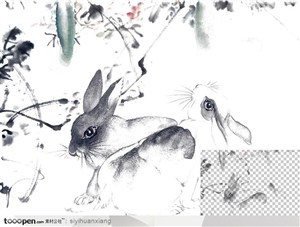 两只水墨家兔中国写意国画高清透明扣底
