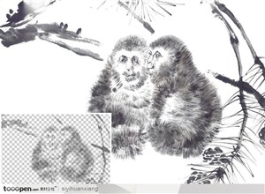 两只猴相拥在树枝下中国写意国画高清透明扣底