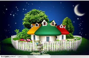 月光下白色栅栏围绕的彩色卡通房子和绿色树木