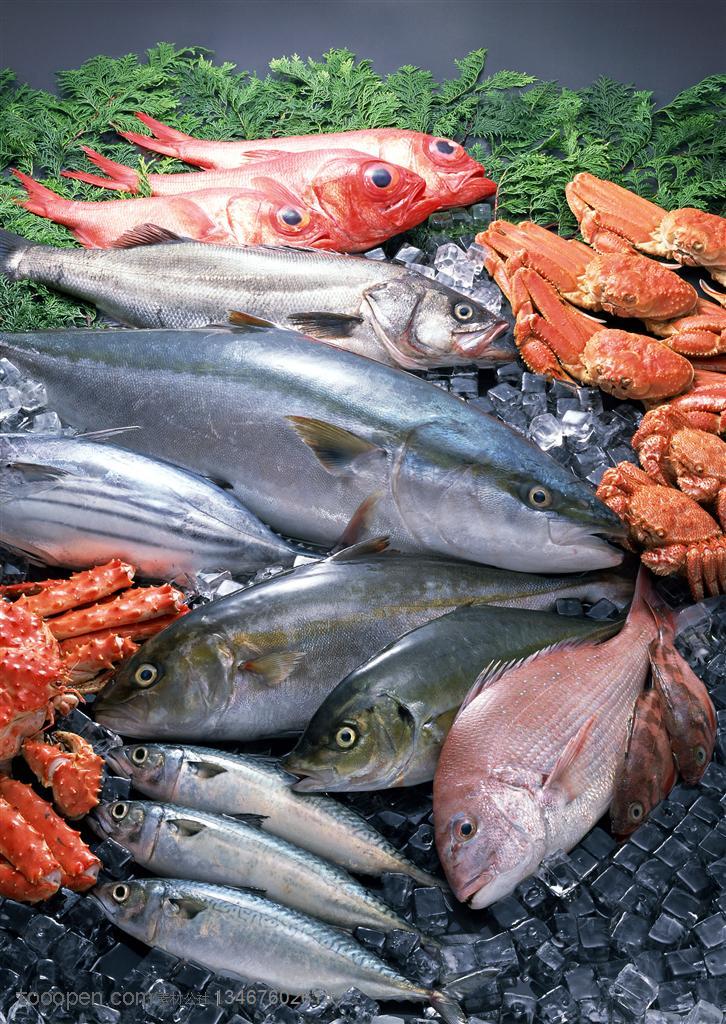 海洋生物-放在冰块上的海鱼、大螃蟹、基围虾等海鲜