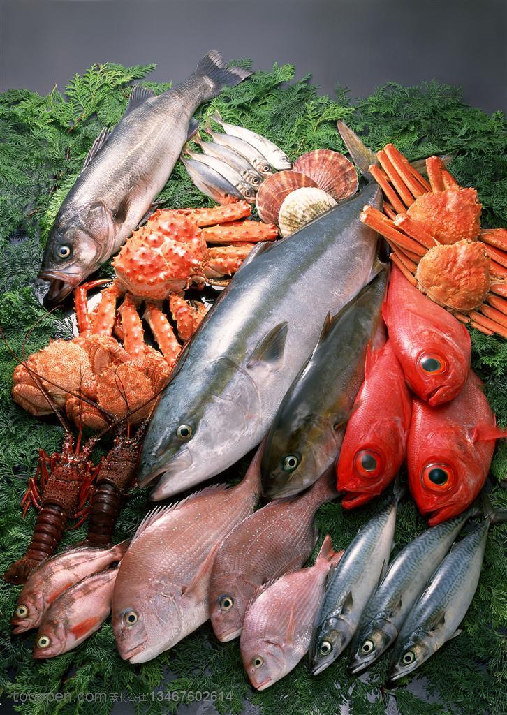 海洋生物-放在海藻上的海鱼、大螃蟹、基围虾等海鲜