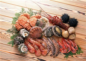 海洋生物-放在木板上的大龙虾、大螃蟹、扇贝、基围虾等海鲜