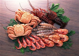 海洋生物-放在木质桌子上的大螃蟹、基围虾、大龙虾等海鲜