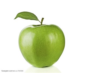 新鲜水果-带叶子的新鲜青苹果特写水果图片