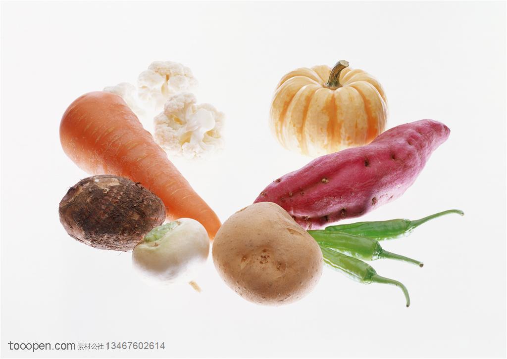 新鲜蔬菜-摆放在一起的红薯、土豆、红萝卜、南瓜、芋头等新鲜蔬菜