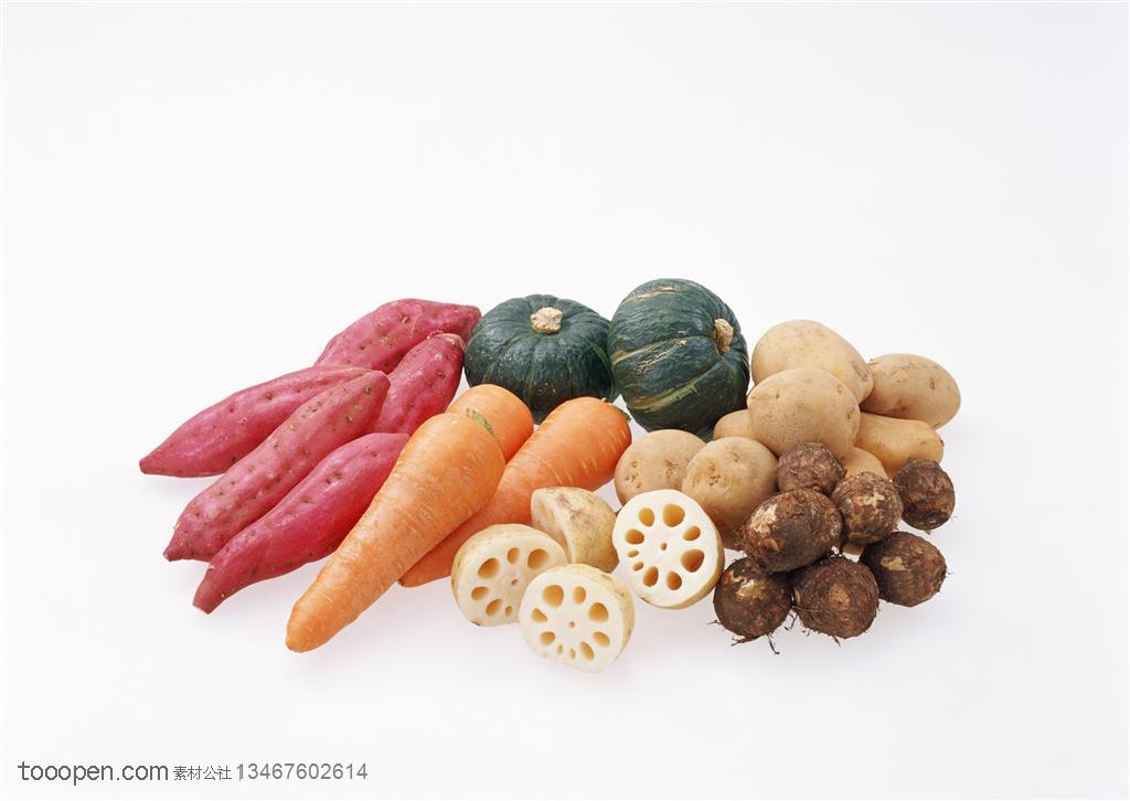 新鲜蔬菜-摆放在一起的红萝卜、芋头、土豆、红薯、南瓜、藕等新鲜蔬菜