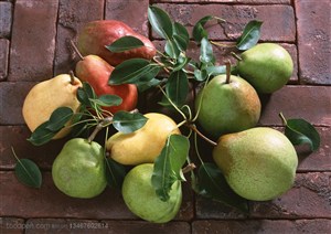 新鲜水果-放在红砖上带叶子的青梨子和红梨子